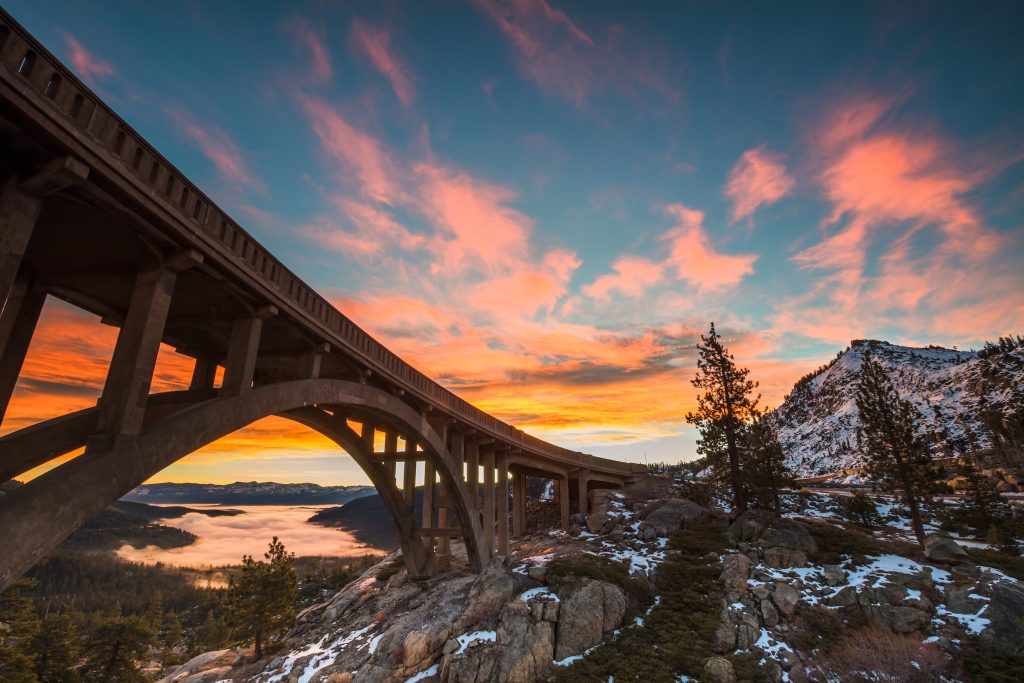 Donner Memorial Bridge at Sunset during early fall snow