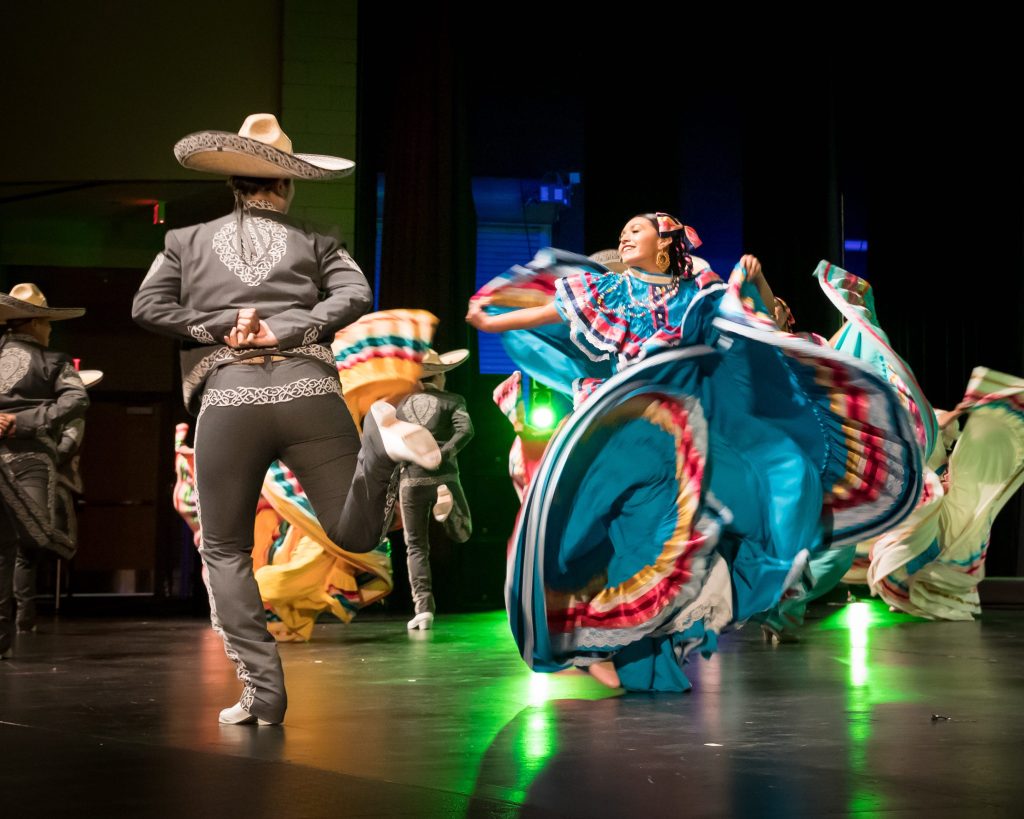 Mexican couple dressed in colorful traditional outfits dancing