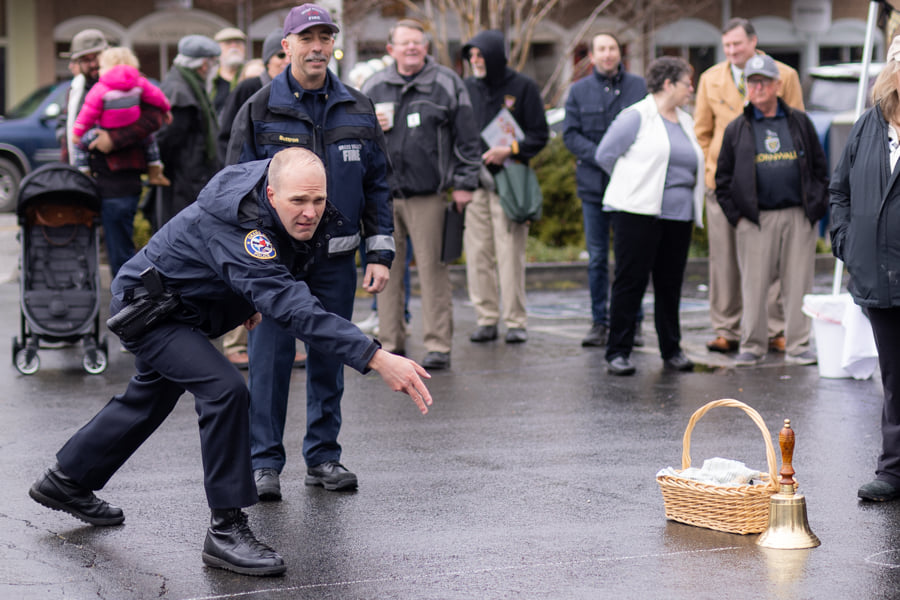 St Pirans Day at Grass Valley police office competing in pasty toss