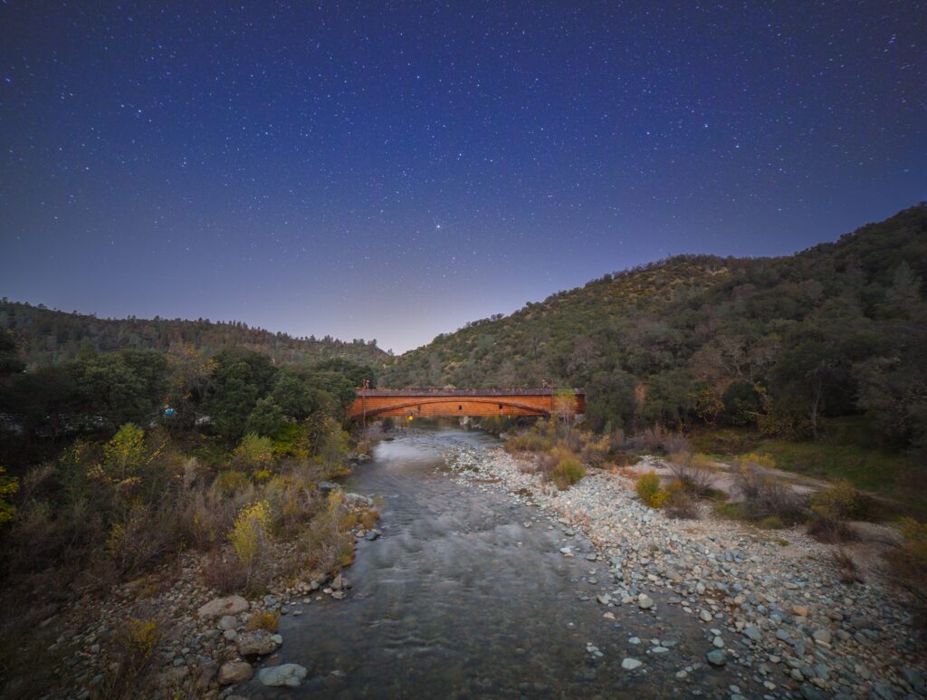 Bridgeport covered bridge within the South Yuba River State Park at dusk