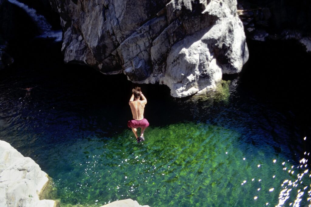 Man jumping into the Yuba River Swimming Holes