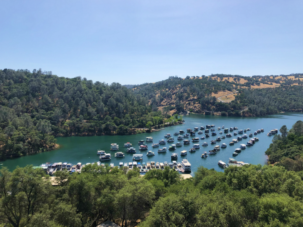 Skippers Cove Marina in Englebright Reservoir on sunny summer afternoon