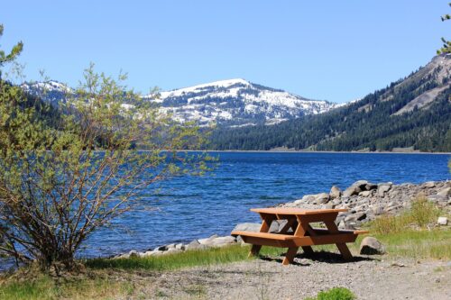 Independence Lake in early summer with snow on the peaks in the background