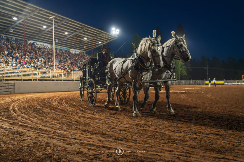 An old school Stagecoach at the Draft Horse Classic with a well dressed gentleman driving it