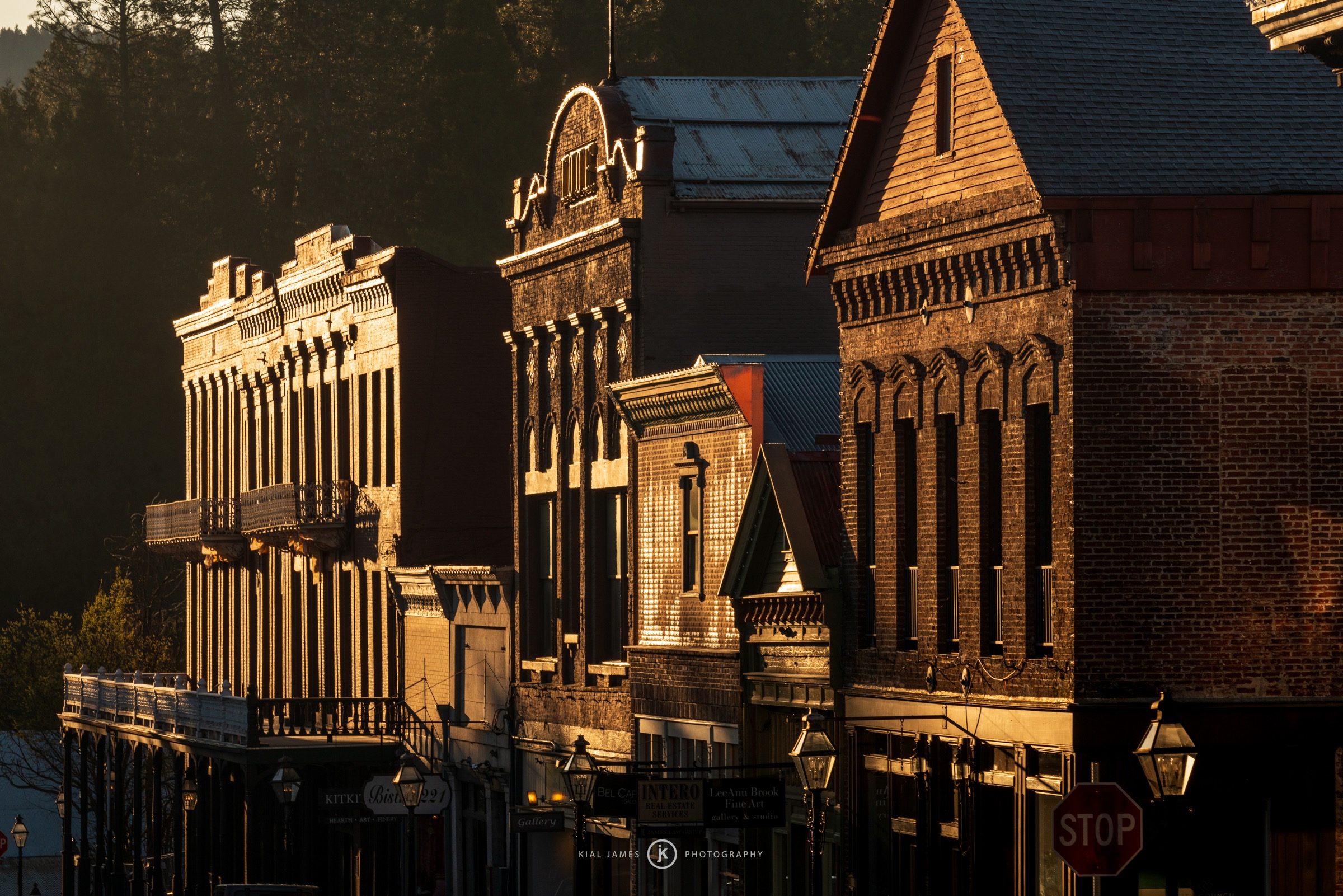 Sunset over the historic buildings at Nevada City California