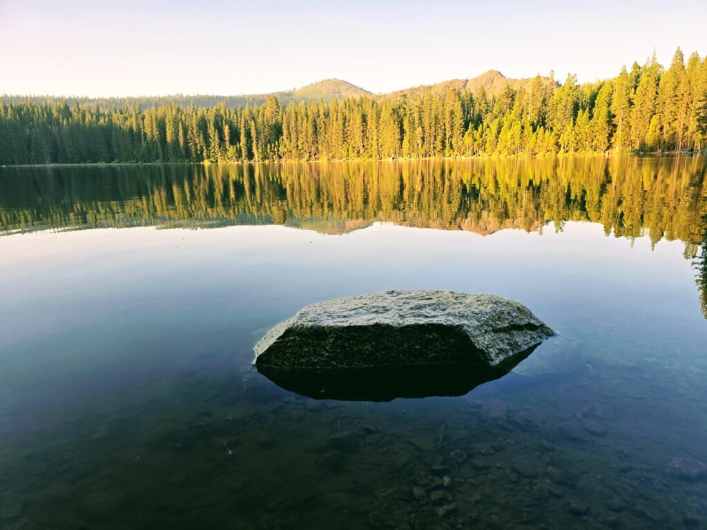 a calm sunset on Fuller Lake California in the Yuba Gap region of Nevada County