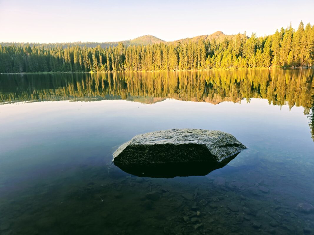 a calm sunset on Fuller Lake California in the Yuba Gap region of Nevada County