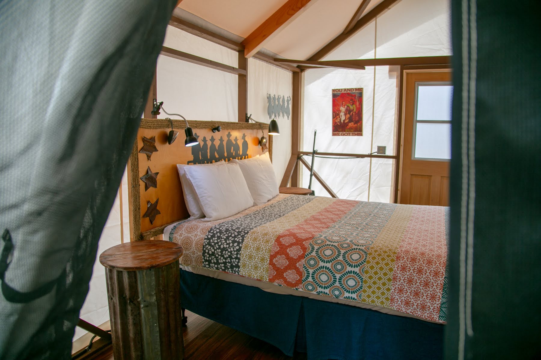 Interior of glamping tent at Inn Town Campground