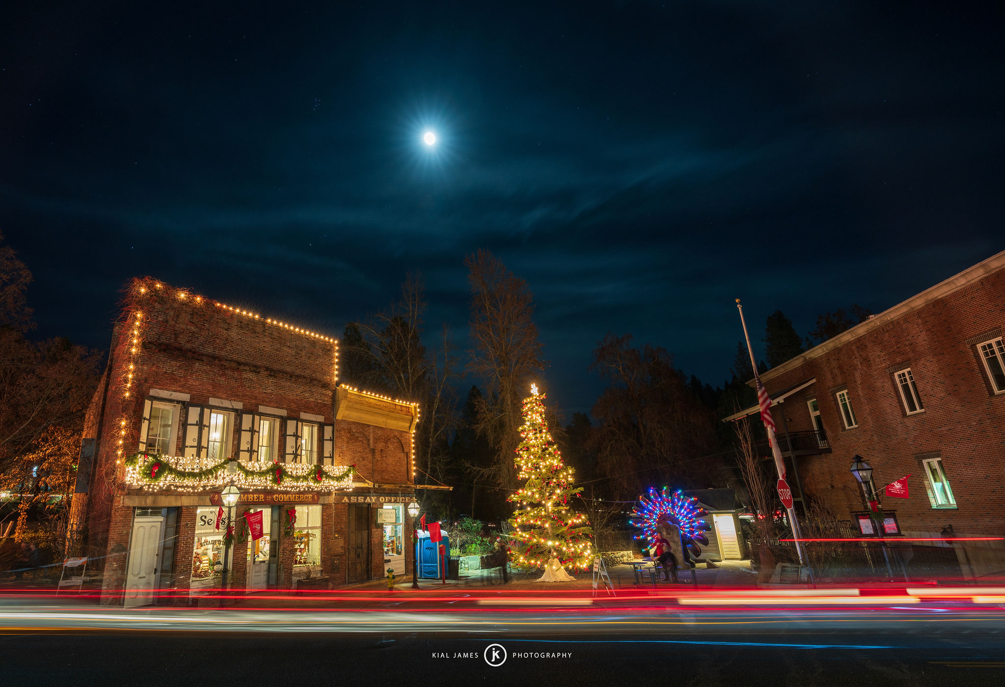Nevada City lit up with festive lights during the holidays