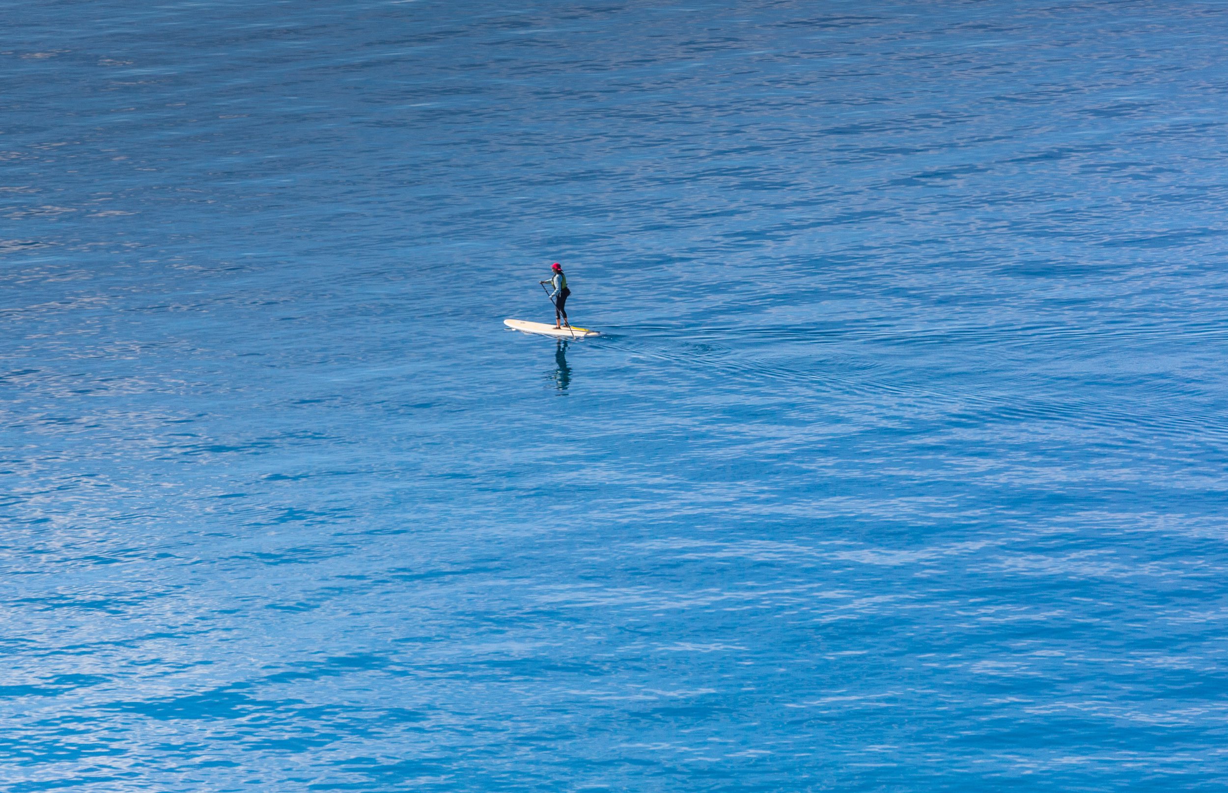 Person standup paddleboarding on a lake